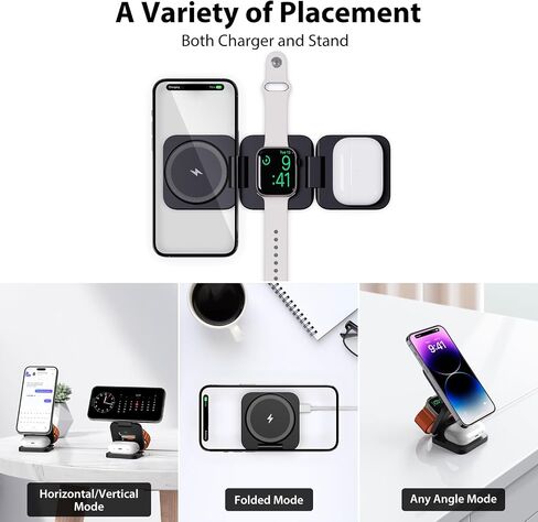 الشاحن اللاسلكي لـ iPhone ، KU XIU 3 في محطة شحن السفر لـ iPhone 16/15/14/13/12 ، شاحن قابلة للطي 5W لـ Apple Watch10/9/7/6/5/4/3/3/SE ، من أجل AirPods 4/3/2/PRO in Kuwait