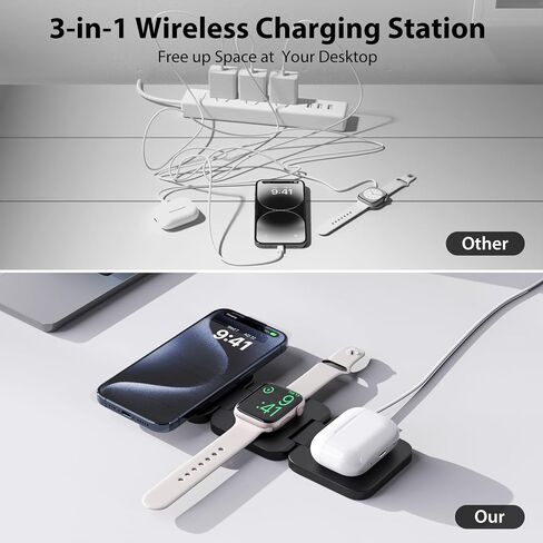 الشاحن اللاسلكي لـ iPhone ، KU XIU 3 في محطة شحن السفر لـ iPhone 16/15/14/13/12 ، شاحن قابلة للطي 5W لـ Apple Watch10/9/7/6/5/4/3/3/SE ، من أجل AirPods 4/3/2/PRO in Kuwait