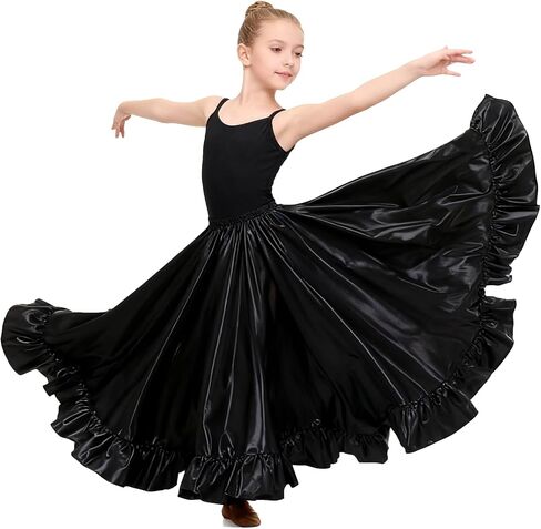Satin Full Long Skirt for Circle Ruffle Skirt Satin Flowy Latin Belly Dance Umbrella Dress for Girls 8-12 Years in Kuwait