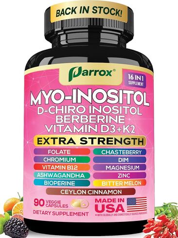 Myo Inositol Supplement, D-Chiro Inositol, Folate, DIM, Vitamin D3, B12, K2, Chromium, Bioperine, Ceylon Cinnamon, Zinc, Ashwagandha, Chasteberry, Magnesium, Berberine (90 Vegan Capsules) in Kuwait