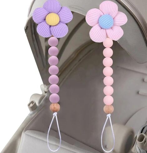 2pcs Flower Pacifier Clip, Silicone Bead Pacifier Clip for Baby Girls and Boys with Beige Daisy Birthday Christmas Gift in Saudi Arabia