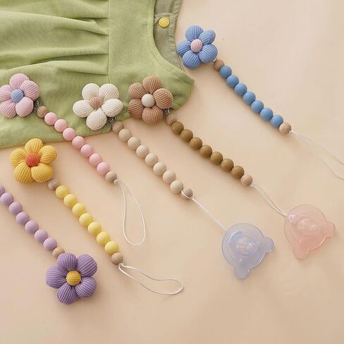 2pcs Flower Pacifier Clip, Silicone Bead Pacifier Clip for Baby Girls and Boys with Beige Daisy Birthday Christmas Gift in Saudi Arabia