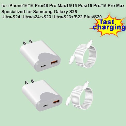 2 Pack USB C Charger Wall Charger مع كابلات من النوع C إلى C ، محول الطاقة المزدوج Port PD 20W كتلة شحن سريعة متوافقة مع iPhone 11/12/11/14/15/16/PRO MAX ، XS/XR/X ، iPad Pro ، Galaxy ، المزيد in Kuwait