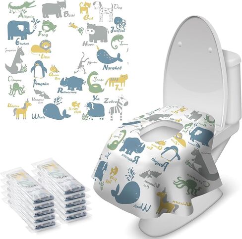 Blissful Diary 15 Pcs Toilet Seat Covers Disposable for Toddlers & Adults, Extra Large Waterproof, Portable Package for Travel, Kids Potty Training(Animal) in Kuwait