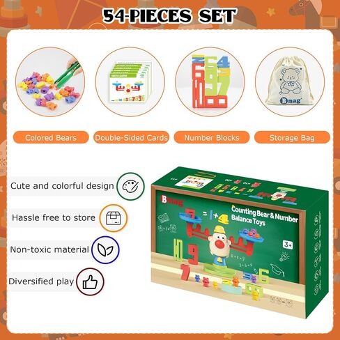 Bmag Counting Bears with Matching Sorting Cups,Number Color Recognition STEM Educational Toy for Toddler, Pre-School Learning Toy with 90 Bears,2 Tweezers,11 Activity Cards,1 Storage Box in Saudi Arabia