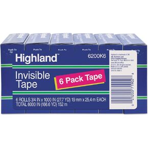 Highland 6200K6 Invisible Permanent Mending Tape, 3/4-Inch x 1000-Inch, 1-Inch Core, Clear, 6/Pack