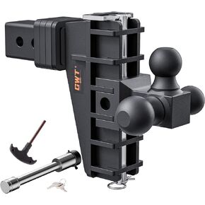 Adjustable Trailer Hitch with Hook, Tri-Ball (1-7/8" x 2" x 2-5/16") Drop Hitch, Fits 2.5-Inch Receiver, 8 Inch Drop Hitch, 18500 LBS GTW-Class 3 Tow Hitch for Heavy Duty Truck, Black, Solid