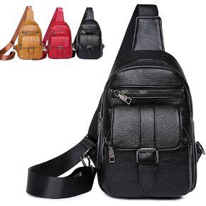 Peicees Leather Sling Bag For Women Waterproof Crossbody Bag Chest Bag Fashionable Small Backpack Purse For Travel Hiking