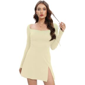 futurino Women's Long Sleeve Bodycon Dress Mini Square Neck, Skinny Slit Sexy Dupes Short Dresses Club Party Night Out