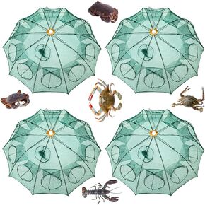 Windyun 4 Pcs 37.4 x 13.78 Inch Collapsible Crab Trap 10 Holes 10 Sides Foldable Fishing Nets with Rope Bait Box and Float Marker Circle for Minnows Fish Crawfish Crab Lobster Shrimp
