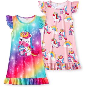 WonderBabe 2Pcs Girls Nightgowns Unicorn Pajamas Toddler Nightgown Sleepwear Flutter Short Sleeves Night Gowns for Kids