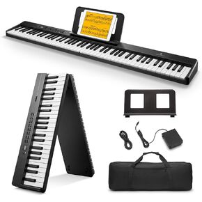 Donner DP-10 Portable Piano Keyboard 88 Keys for Beginner, Bluetooth Foldable Piano Keyboard with 88 Key Full Size Keyboard, Chord, Record, Folding Digital Piano Bundle with Pedal, Piano Bag, Black