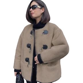 yoeasy Women's Collarless Button Down Sherpa Fleece Jacket Loose Long Sleeve Outwear Coat With Pockets