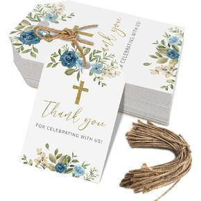 Baptism Thank You Tags, 50 Pcs Cross Design Thank You for Celebrating with Us Paper Tags for Newborn Baby Shower Birthday (White)