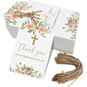 Baptism Thank You Tags, 50 Pcs Cross Design Thank You for Celebrating with Us Paper Tags for Newborn Baby Shower Birthday (White)