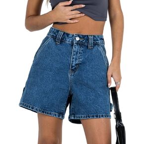 PLNOTME Womens High Waisted Denim Shorts Summer Casual Button Down Baggy Jean Shorts with Pockets