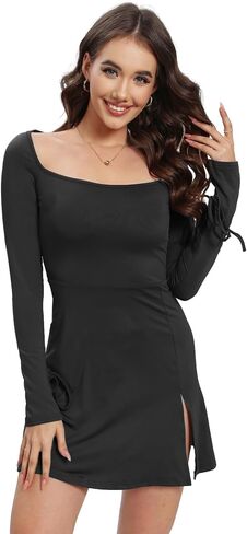 futurino Women's Long Sleeve Bodycon Dress Mini Square Neck, Skinny Slit Sexy Dupes Short Dresses Club Party Night Out in Saudi Arabia