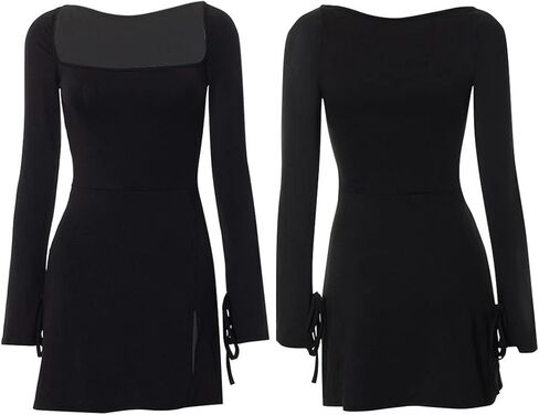 futurino Women's Long Sleeve Bodycon Dress Mini Square Neck, Skinny Slit Sexy Dupes Short Dresses Club Party Night Out in Saudi Arabia