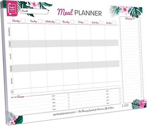 شركة Perfect Planner - لوحة تخطيط الوجبات الأسبوعية - تصميم قابل للتمزيق مقاس A4 - قائمة التسوق - متتبع السعرات الحرارية وفي قسم الفريزر - أبيض، منظر طبيعي، 50 صفحة in Kuwait