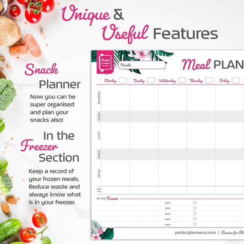 شركة Perfect Planner - لوحة تخطيط الوجبات الأسبوعية - تصميم قابل للتمزيق مقاس A4 - قائمة التسوق - متتبع السعرات الحرارية وفي قسم الفريزر - أبيض، منظر طبيعي، 50 صفحة in Kuwait