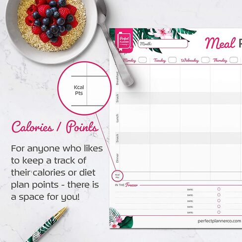 شركة Perfect Planner - لوحة تخطيط الوجبات الأسبوعية - تصميم قابل للتمزيق مقاس A4 - قائمة التسوق - متتبع السعرات الحرارية وفي قسم الفريزر - أبيض، منظر طبيعي، 50 صفحة in Kuwait