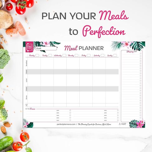 شركة Perfect Planner - لوحة تخطيط الوجبات الأسبوعية - تصميم قابل للتمزيق مقاس A4 - قائمة التسوق - متتبع السعرات الحرارية وفي قسم الفريزر - أبيض، منظر طبيعي، 50 صفحة in Kuwait