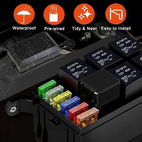 Jekruiet 12V صندوق ترحيل الصمامات للسيارات مع 6 طرق تتابع 12 AWG سلكي مسبقًا مقاوم للماء مجموعة كتلة صندوق الصمامات، ATC/ATO بليد فيوز لشاحنة القوارب البحرية للسيارة التلقائية in Kuwait