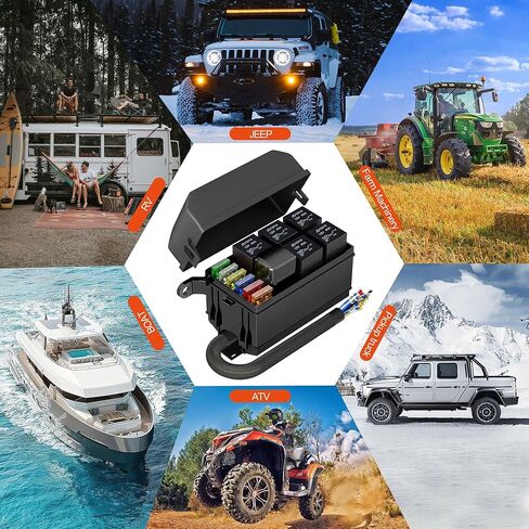 Jekruiet 12V صندوق ترحيل الصمامات للسيارات مع 6 طرق تتابع 12 AWG سلكي مسبقًا مقاوم للماء مجموعة كتلة صندوق الصمامات، ATC/ATO بليد فيوز لشاحنة القوارب البحرية للسيارة التلقائية in Kuwait