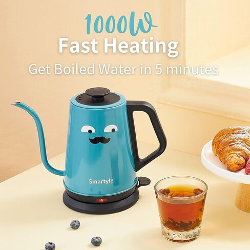 غلاية كهربائية Smartyle Gooseneck مع شوارب، غلاية شاي كهربائية كرتونية بقدرة 1000 وات من الفولاذ المقاوم للصدأ 304، غلاية مياه ساخنة لطيفة مع إيقاف تلقائي، 1.0 لتر ملون فوق غلاية القهوة - أزرق in Kuwait