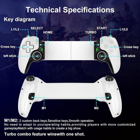 وحدة تحكم الألعاب المحمولة لجهاز PS5 Game Streming، متوافقة مع أجهزة iPhone/iPad/Android/iOS/N·S/PC/PS3/PS4/Switch، وحدة تحكم ألعاب 5.2 BT، وحدات تحكم لوحة ألعاب لاسلكية مع عصا تحكم بتأثير Hall، جيروسكوب بـ 6 محاور in Saudi Arabia