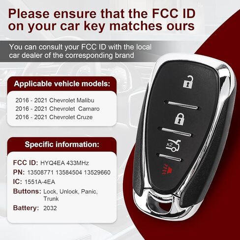 استبدال مفتاح Fob متوافق مع 2016 2017 2018 2019 2020 2021 Chevy Malibu Camaro Cruze Proximity Smart Keyless Entry Remote Control يستبدل HYQ4EA 13508771 13584504 13529660 433Mhz 4 أزرار in Kuwait