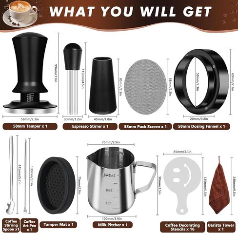 25 PCS Espresso Accessories Kit, Espresso Tamper Kit Coffee Tamper Set, 51mm Espresso Tamper with Spring Loaded Calibrated, 51mm Espresso Puck Screen and Dosing Funnel, WDT Tool, Latte Art Kit in Kuwait