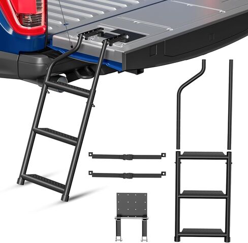 Foldable Pickup Truck Tailgate Ladder - with Non-Slip Wide Pedal, Stainless Steel Self-Drilling Screws, Sturdy Rubber Feet, Easy Install, Universal for F150, RAM 1500, F250, Tacoma in Kuwait