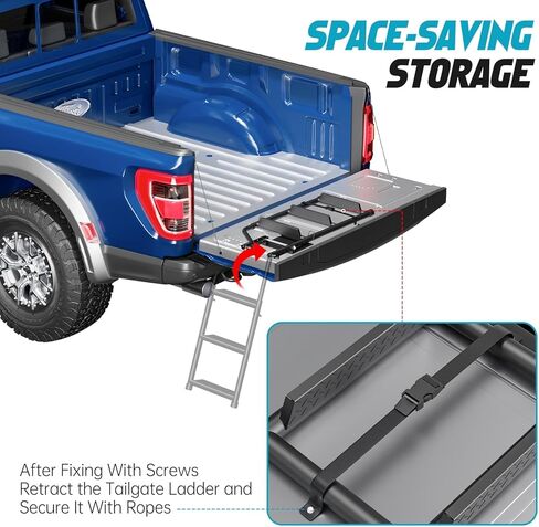 Foldable Pickup Truck Tailgate Ladder - with Non-Slip Wide Pedal, Stainless Steel Self-Drilling Screws, Sturdy Rubber Feet, Easy Install, Universal for F150, RAM 1500, F250, Tacoma in Kuwait