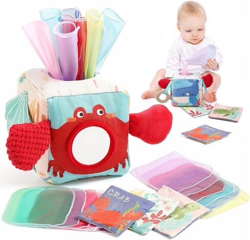 لعبة Youuys Wooden Baby Box Toy - لعبة Montessori Tissue Box للأطفال لمدة 12 شهرًا مع 3 كتل الشكل و 8 ورق حريري ، هدايا طفل رضيع للأطفال 12 18 شهرًا عيد ميلاد الأطفال in Kuwait