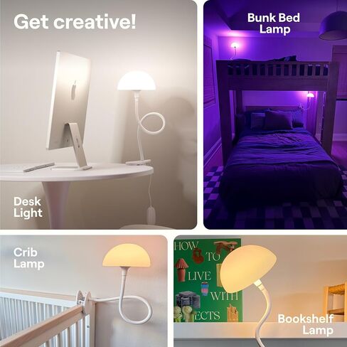 Shroommate Clip On Light and Bedside Table Lamp, Reading Light, Night Light for Kids Nursery, Clip on for Desk, Bed Headboard, Multicolor Changing LEDs Lights, Adapter Included (Black) in Saudi Arabia