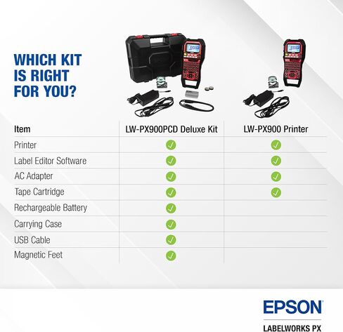 Labelworks Epson LW -PX900PCD مجموعة صانعات التصنيع الصناعية - مجموعة كاملة مع الملحقات ، متوافقة مع جميع أنواع الأشرطة Epson PX ، طابعة ملصق محمولة محمولة in Kuwait