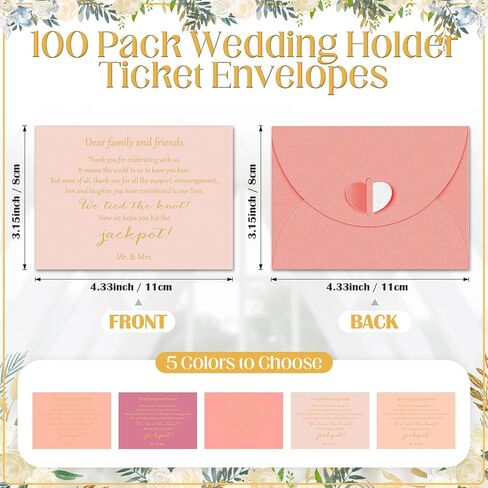 100 Pack Lottery Ticket Holders Pink Invitation Envelopes Lottery Ticket Envelopes Wedding Favors for Guests Cute Envelope Holder with Heart Shaped Clasp for Bridal Shower, 4.3 x 3.15 Inches in Saudi Arabia