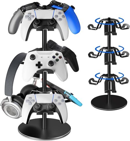 Controller Holder Stand 3 Tiers, Rotatable Gaming Headset Stand Compatible with Xbox PS5 PS4 Nintendo Switch, Aluminum Headphone Organizer Rack, Desk Mount for 9 Packs Controller (Black) in Kuwait