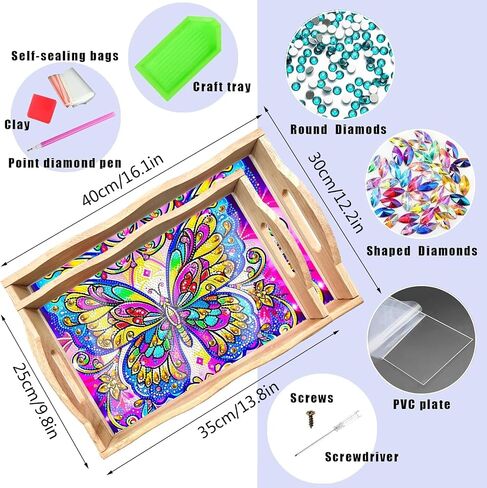Leatrice Butterfly Diamond Art Kits for Adults Diamond Painting Serving Trays Wood Tray with Handle Big Gem Art DIY Crafts for Beginners Women in Party Kitchen Decor 7.8x11.8 Inches in Kuwait