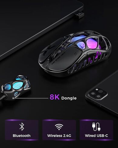GravaStar Mercury X Pro Wireless Gaming Mouse, Come with 8K Dongle – 32,000 DPI PAW 3950 Sensor, 8,000Hz Polling Rate, Only 49g, Magnesium Alloy Hollow Frame, RGB Lighting, 5 Programmable Buttons in Saudi Arabia