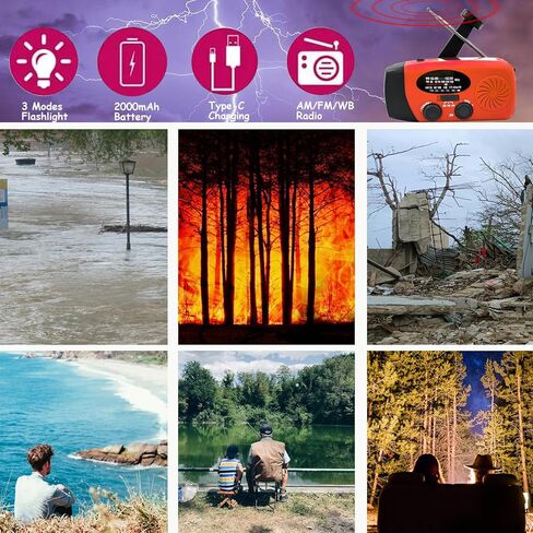 2000mAh Portable Emergency Hand Crank & Solar Panel SOS Weather Radio, Self Powered NOAA/AM/FM Radios with SOS Alarm, 3-Mode Flashlight (Red) in Kuwait