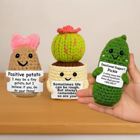 Emotional Support Crochet Gifts,3PCS Positive Potato Pickle Crochet Cactus Dolls,Funny Positive Crochet Christmas Birthday Gifts,Best Friends for Office Decor (Cactus+Potato+Pickle) in Saudi Arabia