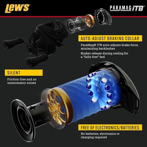 بكرة صيد الأسماك المخصصة في Lew’s Paitcast ، 10+1 ، إطار الألومنيوم ، فرامل ITB Paramag ، تروس سرعة الألومنيوم ، سحب ألياف الكربون ، الذهب/الأسود in Kuwait
