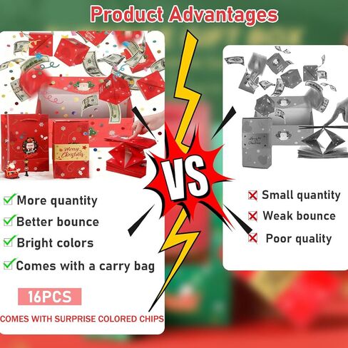 bovvsky 16pcs مفاجأة هدية مربع انفجار للمال، عيد ميلاد سعيد مفاجأة هدية مربع انفجار للمال، انفجار النقدية علبة هدية فاخرة، عيد الميلاد الفاخرة قابلة للطي المنبثقة مربع مفاجأة (الأحمر) in Kuwait