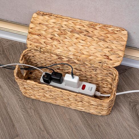 PEMAR Natural Rattan Wicker Cable Management Box, Cable Organizer, 2 Open Slots, Under Desk Cord Organizer, Cover & Hide Power Strips for TV Desk, Computer, Router, USB Hub (Natural Brown Color) in Kuwait