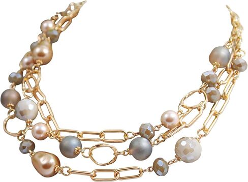 Multi Strand layered Frosted Multi Layer Mother of Pearl Statement Chunky Pastel Pearl Necklace June Birthday Gift (silver-and-stainless-steel) in Saudi Arabia