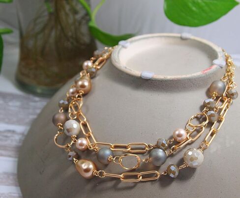 Multi Strand layered Frosted Multi Layer Mother of Pearl Statement Chunky Pastel Pearl Necklace June Birthday Gift (silver-and-stainless-steel) in Saudi Arabia