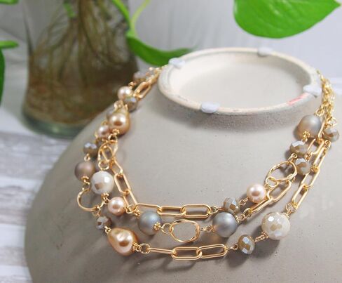 Multi Strand layered Frosted Multi Layer Mother of Pearl Statement Chunky Pastel Pearl Necklace June Birthday Gift (silver-and-stainless-steel) in Saudi Arabia