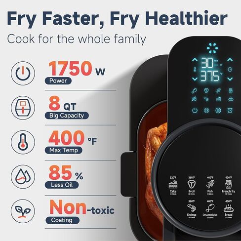8QT Easy-View Digital Fryer ، مع لوحة تعمل باللمس ، والتحكم الدقيق لوقت وتوقيت وموقت مسبقًا ، وإغلاق السيارات ، والشواء ، والخبز ، والهواء ، والتشوي ، والتسخين والجفاف ، والأسود in Saudi Arabia